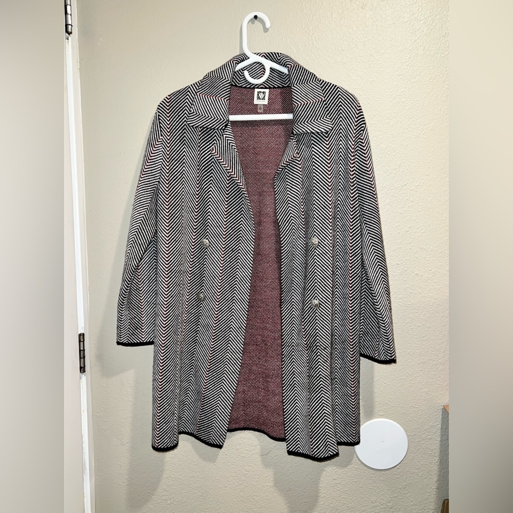 Anne Klein Chevron Double Breasted Knit Blazer Jacket Metallic Black White M - Picture 2 of 10